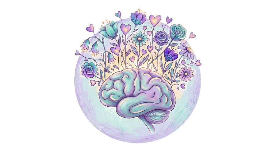 Illustrated brain with flowers and hearts in teal and purple tones
